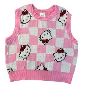 Hello Kitty Sanrio Pink Checkered Sweater Vest Knit Sleeveless Top Large Y2K